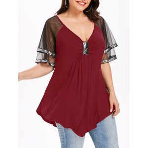 Plus Size Mesh Shoulder Sparkly T-shirt - Wine Red