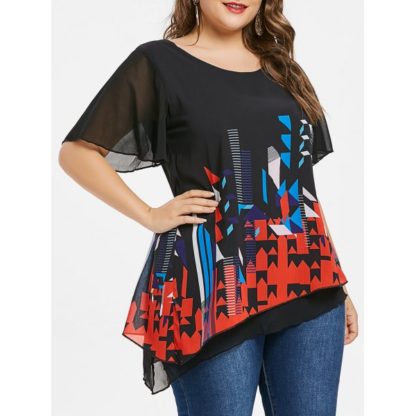 Plus Size Print Long Flowy Blouse - Black