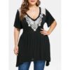 Plus Size Lace Insert Low Cut T-shirt - Black