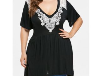 Plus Size Lace Insert Low Cut T-shirt - Black