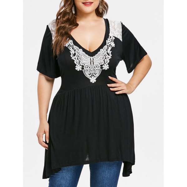 Plus Size Lace Insert Low Cut T-shirt - Black - Big and Sexy Sportswear