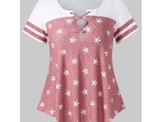 Plus Size Criss Cross Star Print T-shirt - Deep Pink