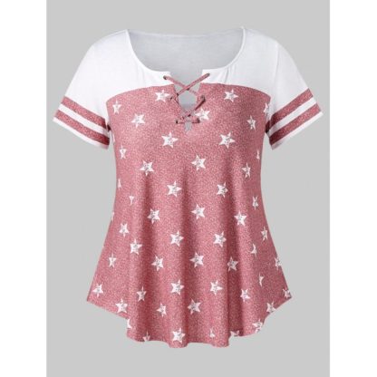 Plus Size Criss Cross Star Print T-shirt - Deep Pink