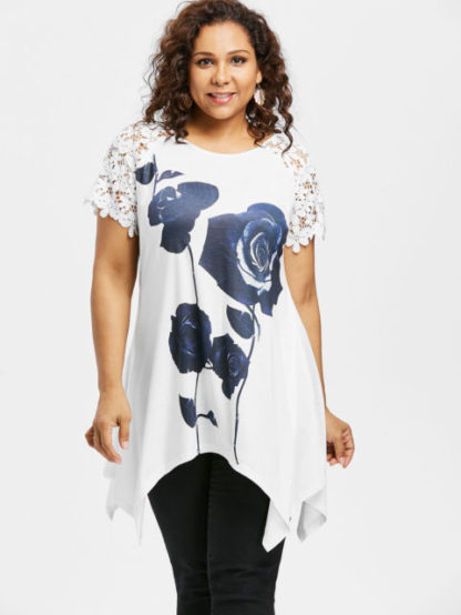 Plus Size Rose Lace Raglan Sleeve T-shirt - White - Image 4
