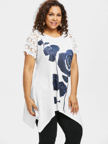 Plus Size Rose Lace Raglan Sleeve T-shirt - White - Image 3