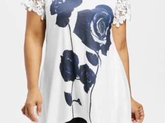 Plus Size Rose Lace Raglan Sleeve T-shirt - White