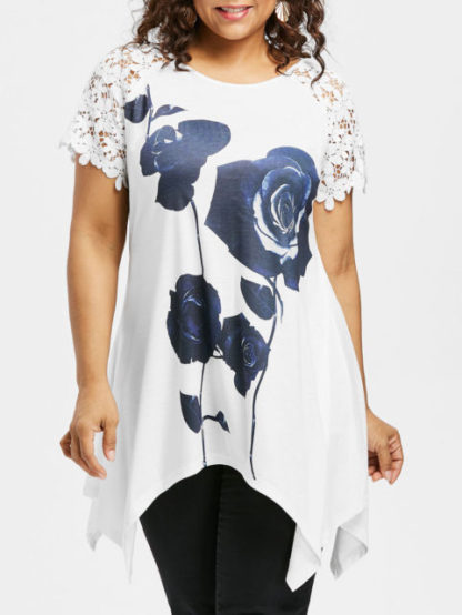 Plus Size Rose Lace Raglan Sleeve T-shirt - White