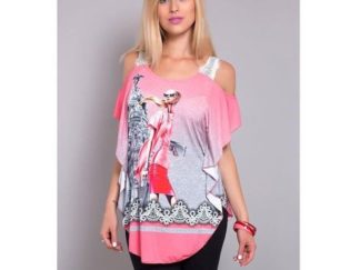 Women Fashion Sexy Off Shoulder Lotus Leaf Sleeve Print Short Sleeve T Shirt