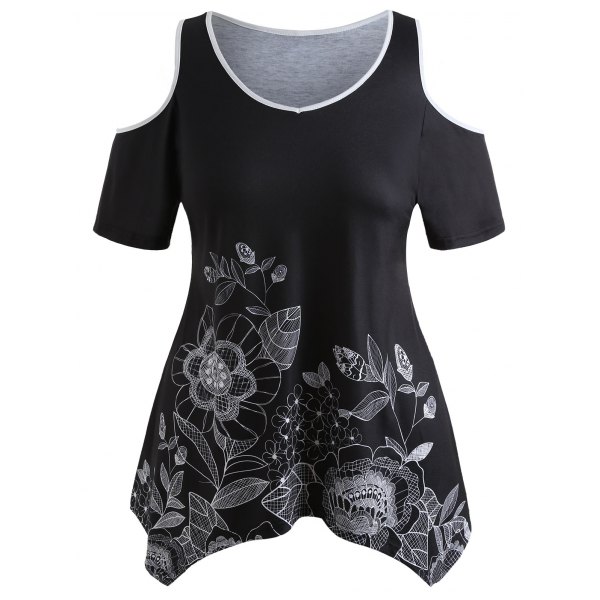 Handpainted Flower Plus Size Cold Shoulder T-shirt - Black - Big and ...