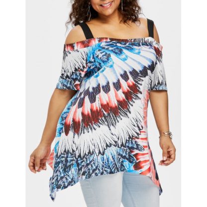Asymmetrical Feather Plus Size T-shirt - Cobalt Blue