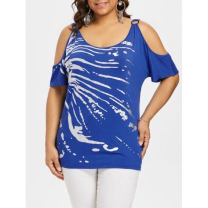 Plus Size Ring Details Cold Shoulder T-shirt - Blueberry