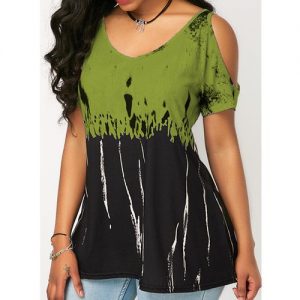 Plus Size Women Fashion Print Short-Sleeved T-Shirt Sexy Strapless Loose Tank Top - Army Green