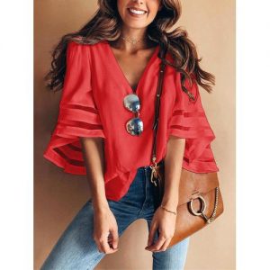 Plus Size Women Loose Chiffon Shirt V-neck Stitching Casual Top Blouse - Red