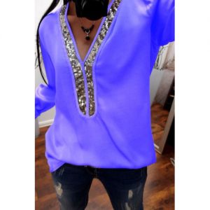 Fashion Glitter Sequins Tunic Shirt Shirt Sexy V-neck Women T-shirt - Purple