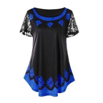 Plus Size Womens Clothing Printing Lace Splice Short Sleeve Loose T-shirt