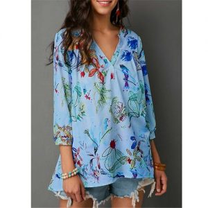 Plus Size Loose Fashion Woman Sexy V-neck Digital Print Long-sleeved Shirt - Blue