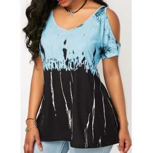 Plus Size Women Fashion Print Short-Sleeved T-Shirt Sexy Strapless Loose Tank Top - Light Blue