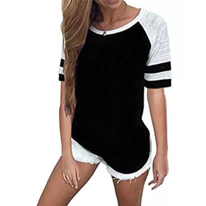 Short Sleeved Tops Women Blouse Round Neck - Black