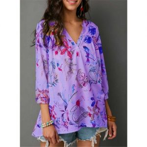 Plus Size Loose Fashion Woman Sexy V-neck Digital Print Long-sleeved Shirt - Purple