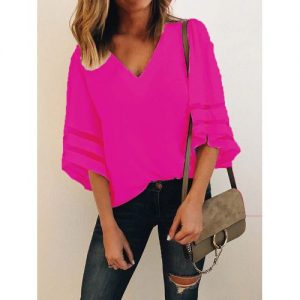 Plus Size Women Loose Chiffon Shirt V-neck Stitching Casual Top Blouse - Rose Red