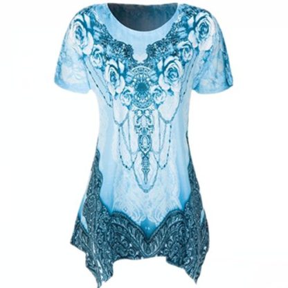Plus Size Women Summer O-neck Short Sleeve Printed Loose Irregular Hem T-shirt
