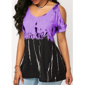Plus Size Women Fashion Print Short-Sleeved T-Shirt Sexy Strapless Loose Tank Top - Purple