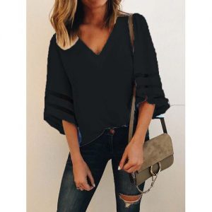 Plus Size Women Loose Chiffon Shirt V-neck Stitching Casual Top Blouse - Black