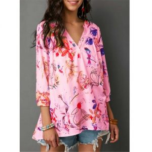 Plus Size Loose Fashion Woman Sexy V-neck Digital Print Long-sleeved Shirt - Pink