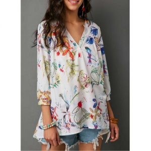 Plus Size Loose Fashion Woman Sexy V-neck Digital Print Long-sleeved Shirt - White