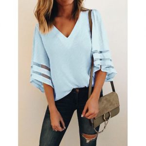 Plus Size Women Loose Chiffon Shirt V-neck Stitching Casual Top Blouse - Light Blue