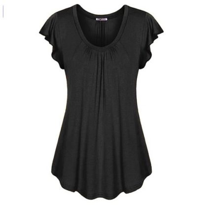 Sexy V-neck Short Sleeve Shirt Solid Color Loose Pleated Chiffon T-shirt Top