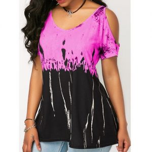 Plus Size Women Fashion Print Short-Sleeved T-Shirt Sexy Strapless Loose Tank Top - Wine Red
