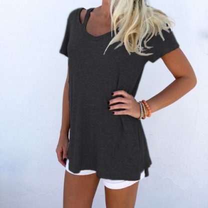 Sexy V-Neck Short Sleeve Casual Tee Shirts Solid Color Tops Plus Size