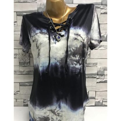 Plus Size Women Fashion Short Sleeve Lace-up Print Tops Casual Loose T Shirt Blouse