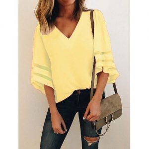 Plus Size Women Loose Chiffon Shirt V-neck Stitching Casual Top Blouse - Yellow