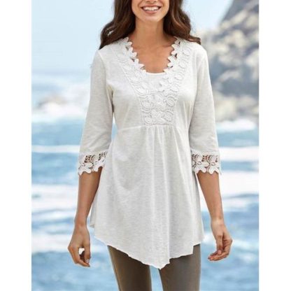 Lace Patchwork Chiffon Blouse Half Sleeve Casual Pure Color Shirt