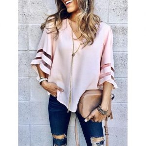 Plus Size Women Loose Chiffon Shirt V-neck Stitching Casual Top Blouse - Pink