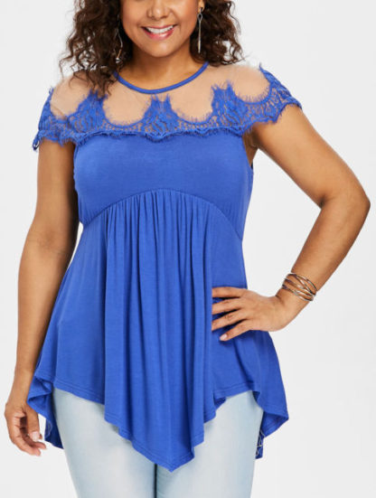 Plus Size Eyelash Lace Trim Drape T-shirt - Blue - Image 3