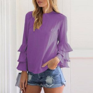 Ruffle Long Sleeve Casual Top Blouse Plus Size Chiffon T Shirt - Purple