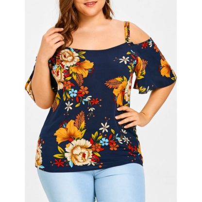 Plus Size Cold Shoulder Floral Print Blouse