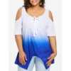 Plus Size Color Block Crescent Hem T-shirt - Blue