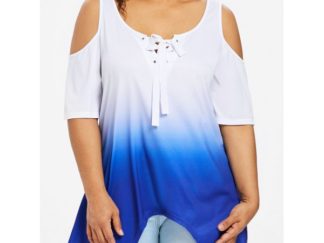 Plus Size Color Block Crescent Hem T-shirt - Blue
