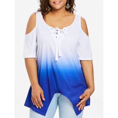 Plus Size Color Block Crescent Hem T-shirt - Blue