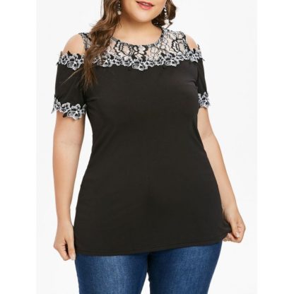 Plus Size Floral Applique Cold Shoulder T-shirt - Black