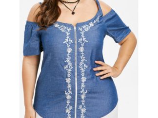 Plus Size Cold Shoulder Floral Embroidery Top - Denim Blue