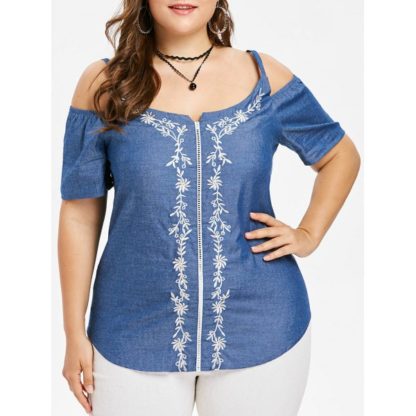 Plus Size Cold Shoulder Floral Embroidery Top - Denim Blue
