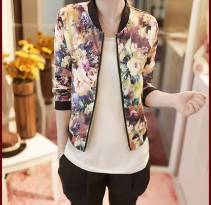 Stand Collar Long Sleeve Zipper Floral Printed Bomber Jacket - Floral