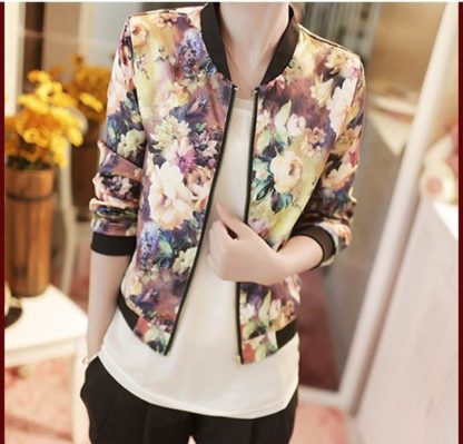 Stand Collar Long Sleeve Zipper Floral Printed Bomber Jacket - Floral - Image 5