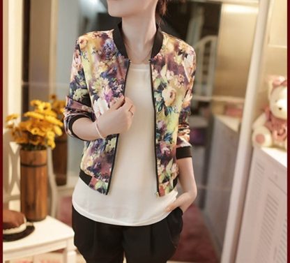 Stand Collar Long Sleeve Zipper Floral Printed Bomber Jacket - Floral - Image 4
