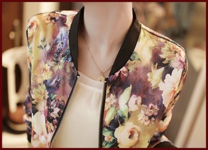 Stand Collar Long Sleeve Zipper Floral Printed Bomber Jacket - Floral - Image 3